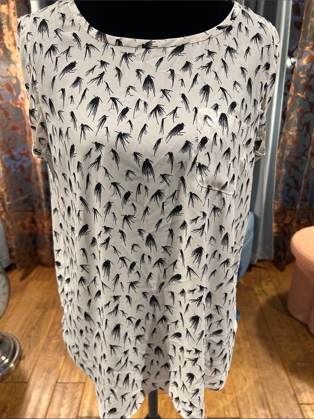 LOFT Cream Short-Sleeve Pocket Blouse with Black Botanical Print